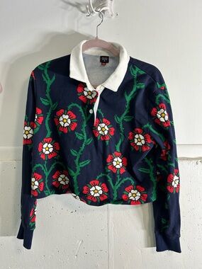 Rowing Blazers Floral Navy Polo Sweater with White Collar